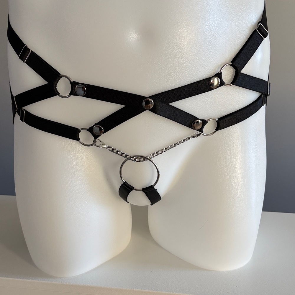 Stylish Black Harness Belt with Silver Accents